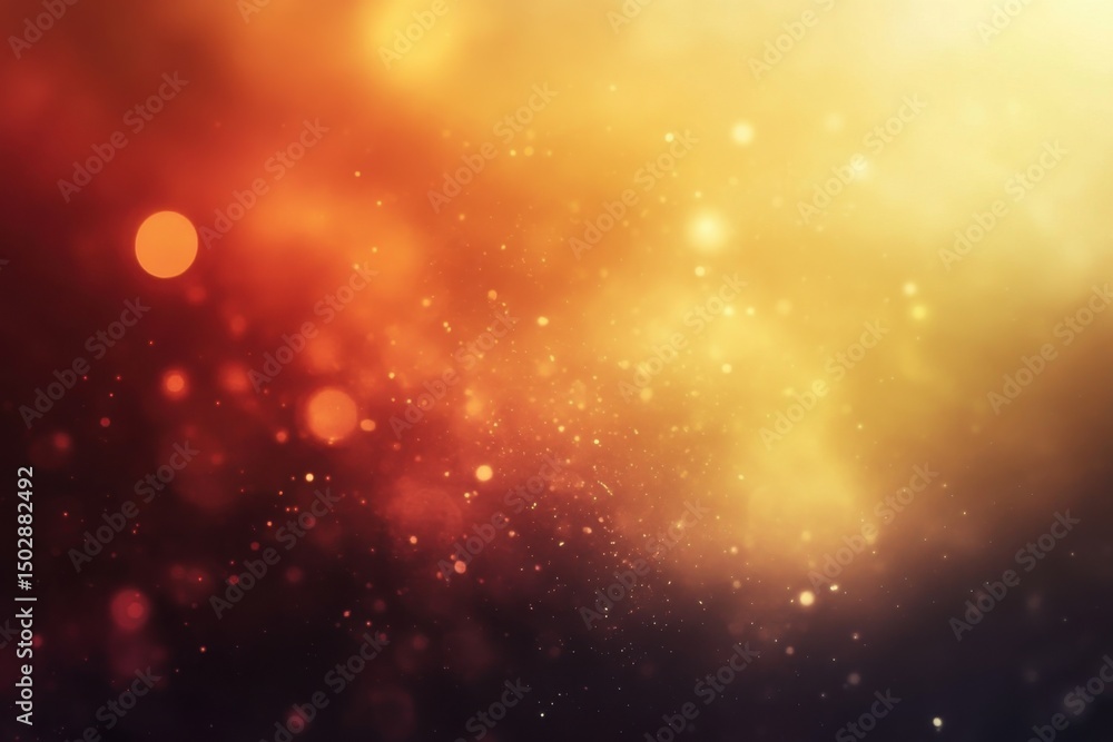 Poster abstract background with warm orange and yellow light flares and bokeh effect in dark space