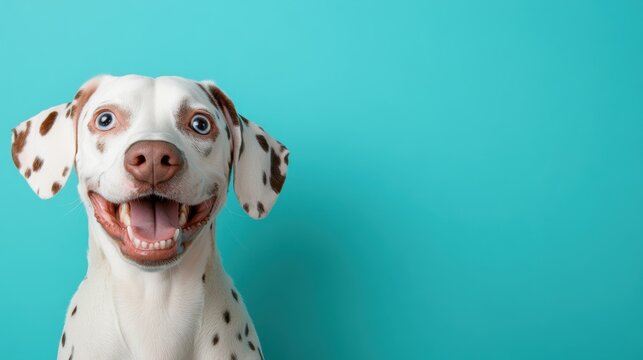 A cheerful Dalmatian dog with bright blue eyes and a joyful expression stands against a vibrant aqua backdrop, radiating happiness and playful energy. - Powered by Adobe