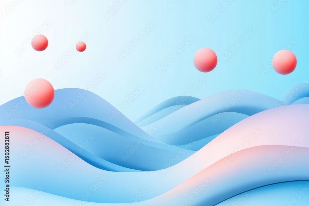 Poster abstract background featuring blue waves and floating pink spheres creating a serene atmosphere