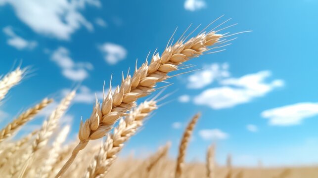 A close-up of golden wheat bending in the breeze under a vibrant blue sky, representing nature's beauty and the essence of agriculture, perfect for rural-themed imagery.