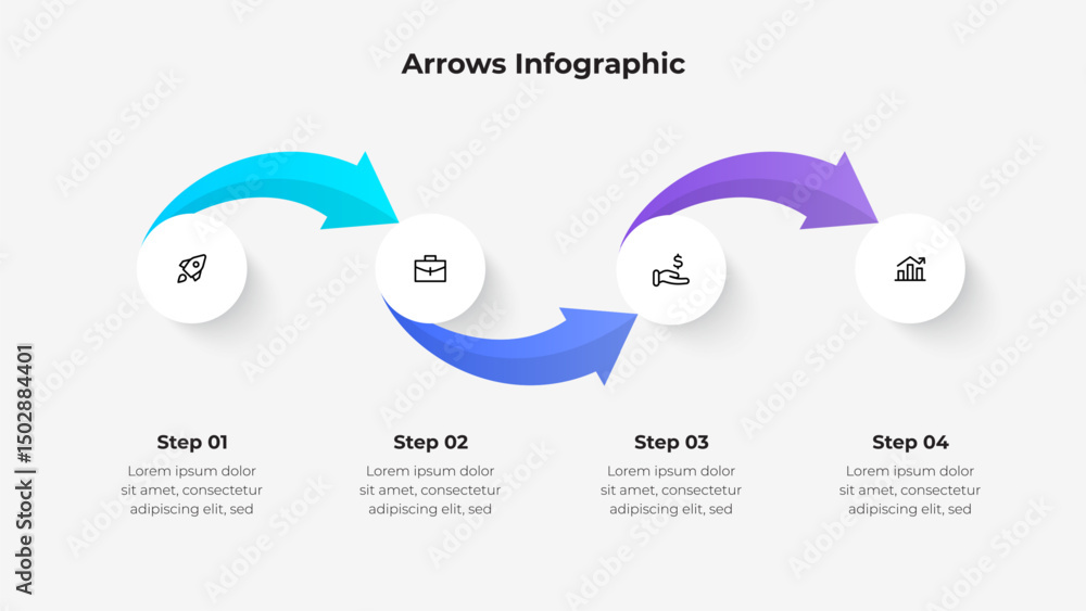 Aufkleber infographic showcasing arrows connecting four labeled steps, emphasizing progression in business or 
