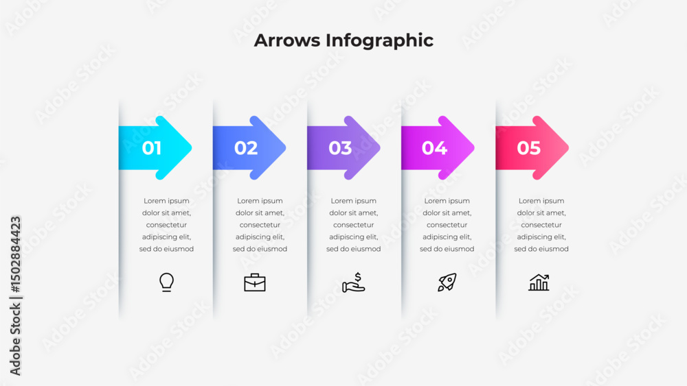 Poster modern infographic with 5 colorful arrows, icons, and numbered steps. suitable for illustrating busi