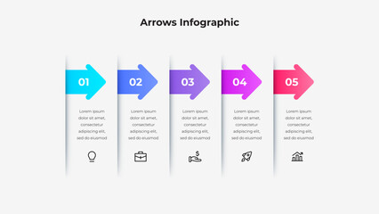 Modern infographic with 5 colorful arrows, icons, and numbered steps. Suitable for illustrating business processes, data flow, or presentations