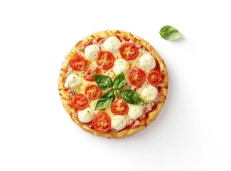 Round pizza topped with mozzarella, cherry tomatoes, and fresh basil
