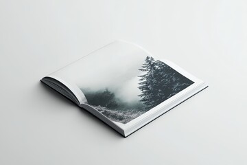 Open book featuring a landscape image of a misty mountain forest