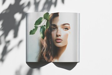 Open magazine featuring a young woman with sunlit, natural beauty.  A leafy branch accents her portrait, creating a serene and elegant aesthetic, against a clean white backdrop