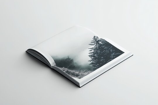 Open book featuring a landscape image of a misty mountain forest