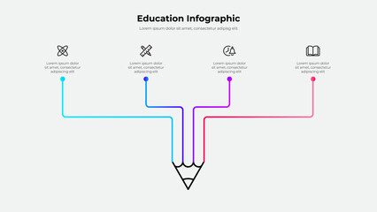 A minimalist education infographic featuring a pencil graphic with colorful lines branching to icons, conveying educational concepts and information visually and dynamically