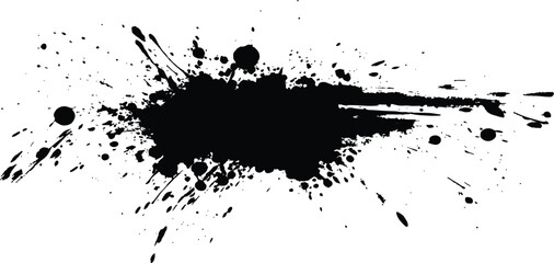 Black ink Splatter, black paint, ink brush strokes, brushes, lines, grungy. Black inked splatter dirt stain splattered spray splash with drops blots. White background. 