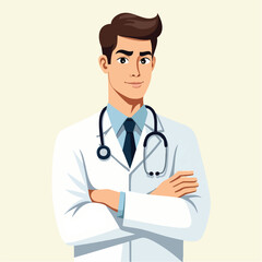 Fototapeta premium Flat vector of young male doctor with arms crossed and confident look