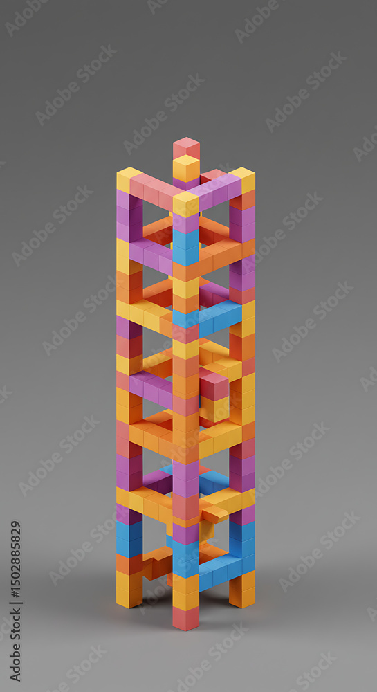 Poster colorful abstract block tower structure 3d render geometric design cubes architecture