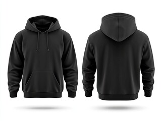 Front and back view of a black hoodie.  Detailed mock-up of a plain black hoodie