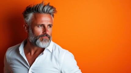 A distinguished man with striking gray hair and a well-groomed beard poses thoughtfully against a vibrant orange backdrop, embodying modern style and confidence.