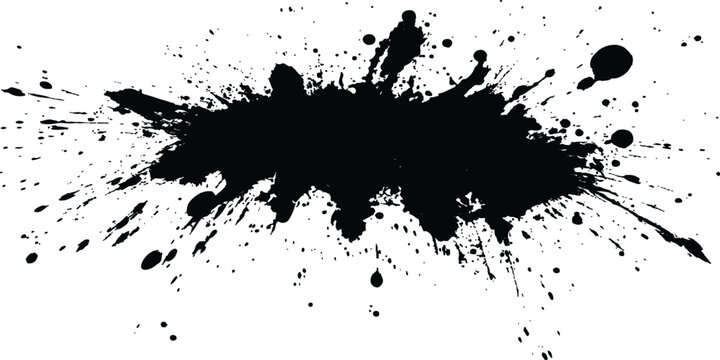 Black ink Splatter, black paint, ink brush strokes, brushes, lines, grungy. Black inked splatter dirt stain splattered spray splash with drops blots. White background. 