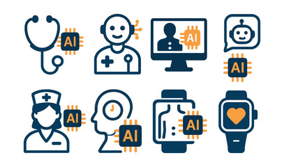 Two-Color vector icons of AI in health: AI stethoscope, diagnosis assistant, smart symptom checker, health chatbot. Virtual nurse, prediction icon, AI scan, wellness tracker.