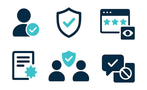 Two-Color vector icons of online trust and safety: verified user, trusted badge, review score, transparency icon. Community rules, safe interaction, verified message, block/report.