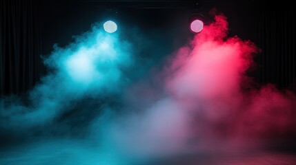 Dramatic visual featuring colorful smoke illuminated by vibrant stage lights, creating an immersive experience that captivates and engages the viewer's senses in a performance setting.
