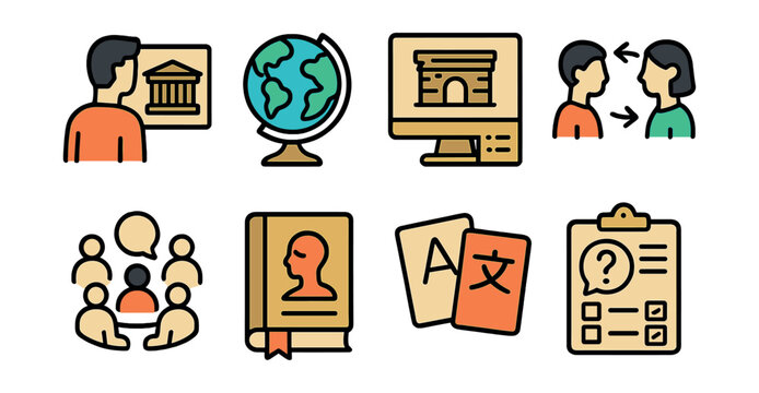 Outline with Fill icon set for cultural education: culture class, learning globe, heritage module, exchange program, discussion circle, identity journal, language flashcards, cultural quiz.
