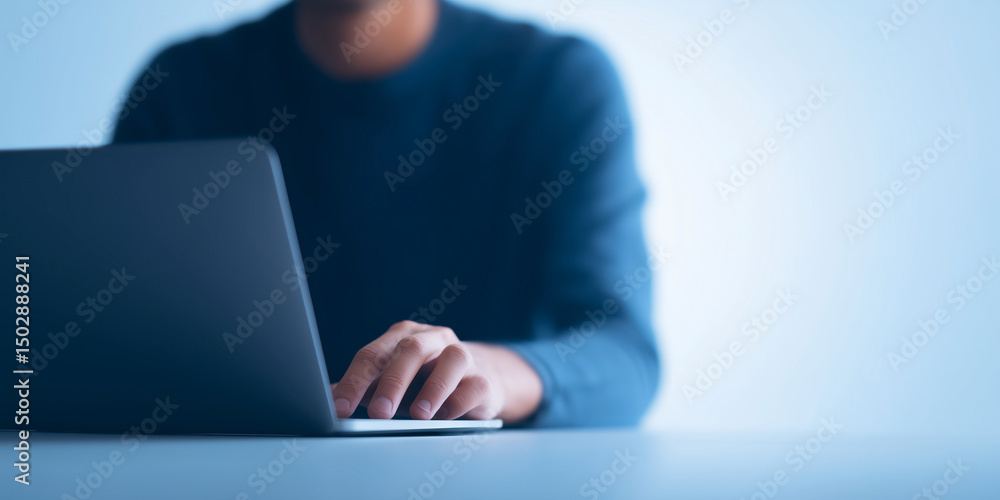 Poster person using laptop with hands on keyboard in a modern workspace with soft lighting and minimalistic