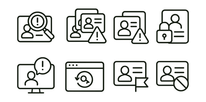 Line style icons of digital identity: identity fraud detection, duplicate ID alert, fake document warning, identity theft protection, suspicious login detector, account recovery process, flagged ID