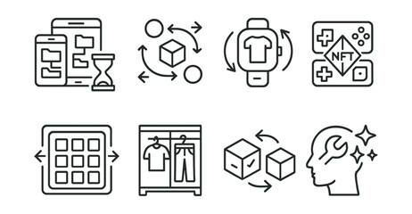 Line style icons of multiverse apps: cross-platform asset manager, multiverse item transfer, wearable compatibility icon, NFT bridge between games, shared inventory panel, universal wardrobe icon,
