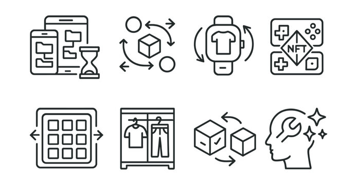 Line style icons of multiverse apps: cross-platform asset manager, multiverse item transfer, wearable compatibility icon, NFT bridge between games, shared inventory panel, universal wardrobe icon,