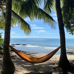 Tropical seaside view with hammock between palms and sunlight high resolution picture
