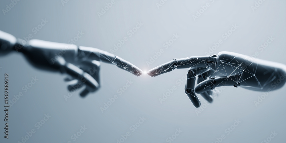 Aufkleber robotic hands reaching towards each other with a glowing connection symbolizing technology and human