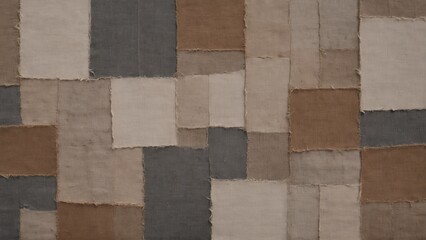 Patchwork fabric texture with frayed edges in neutral earth tones