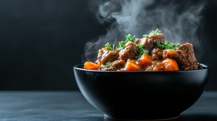 A steaming bowl of hearty beef stew garnished with fresh herbs and vegetables, encapsulating comfort food and hearty meals that evoke warmth and home-cooked nostalgia.