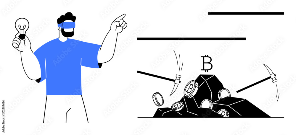 Poster man points with a light bulb in hand beside bitcoin mining tools and coins on rock. ideal for crypto