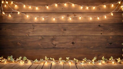 Naklejka premium wooden background with garland for product demonstration, banner 