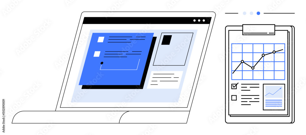 Poster open laptop displaying a data dashboard alongside a clipboard with a rising graph and checklist. ide