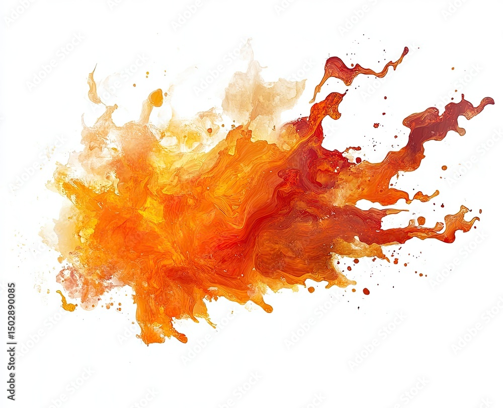 Poster abstract painting with vibrant orange and brown hues. dynamic splashes and flowing forms create a se
