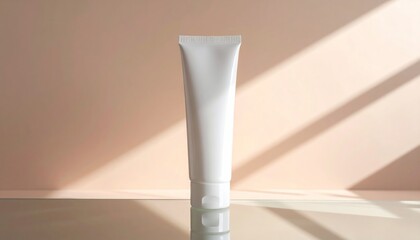 Elegant cosmetic tube under soft sunlight casting shadows on a neutral background