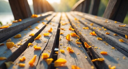 Obraz premium Wooden Bridge Deck Adorned with Yellow Petals in the Warm Glow of Sunlight.
