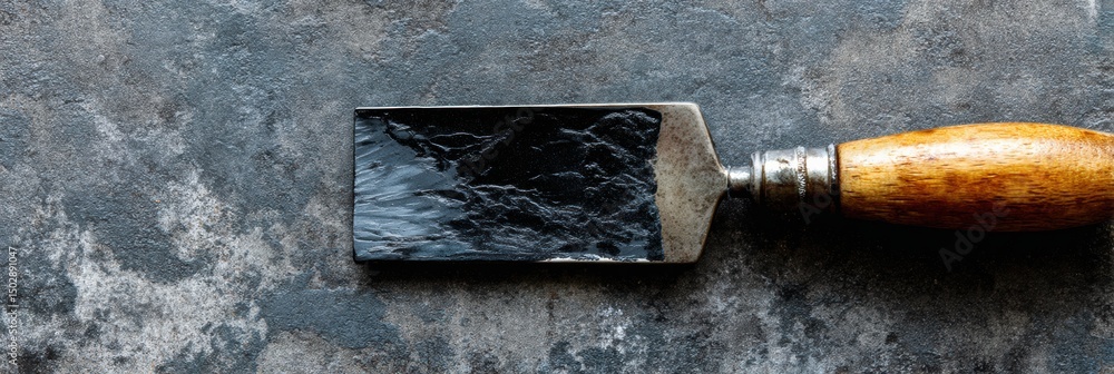 Poster bitumen mastic and metal putty knife rest on a clean workshop table illustrating crafting tools in u