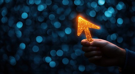 Hand holding glowing upward pointing arrow