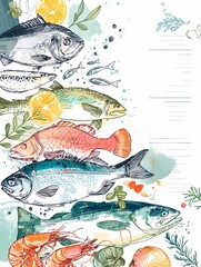 watercolor in sketch style,  cooking poster of fish assortment 