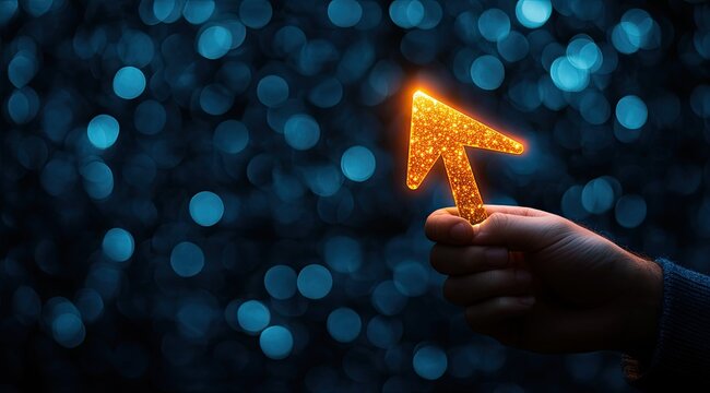 Hand holding glowing upward pointing arrow