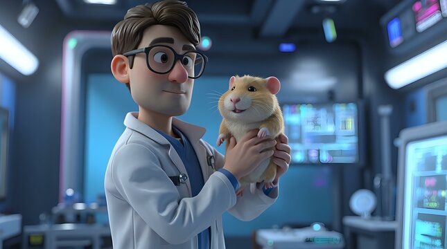In the animated image, a character with glasses and a lab coat is holding a hamster, seemingly in a laboratory setting.