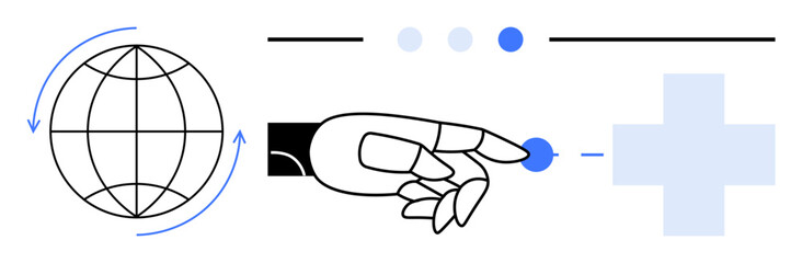 Robotic hand pointing to globe and healthcare symbol, emphasizing innovation, global interaction, and technology. Ideal for digital health, AI, robotics, global networking, medtech future trends