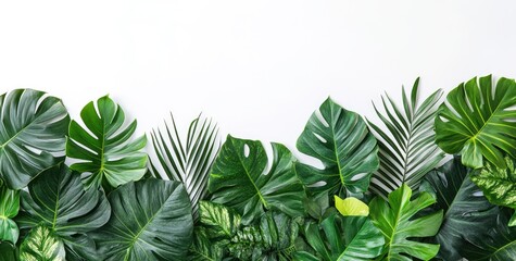 Lush tropical foliage arranged in a horizontal border against a white background.  Variety of vibrant green leaves, from large to small, creates a dense, natural aesthetic