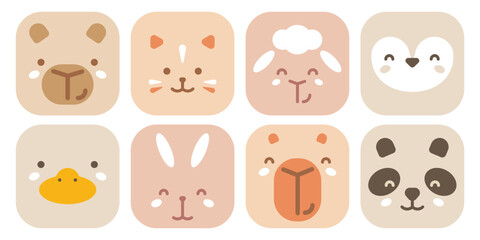 Set of cute animal face icons in pastel colors. Children's design. Vector illustration.