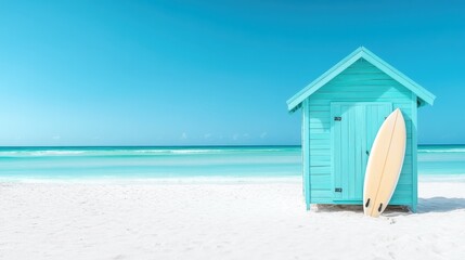 A charming aqua-colored beach hut stands against the bright blue sky and serene ocean, evoking feelings of relaxation, summer, and beachfront fun.
