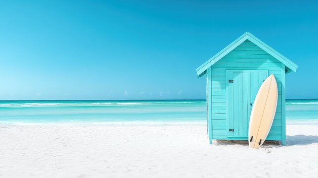 A charming aqua-colored beach hut stands against the bright blue sky and serene ocean, evoking feelings of relaxation, summer, and beachfront fun.