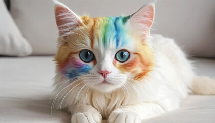 Fluffy White Cat with Rainbow Face Paint Lying on Neutral Background, Vibrant Blue Eyes Close-Up