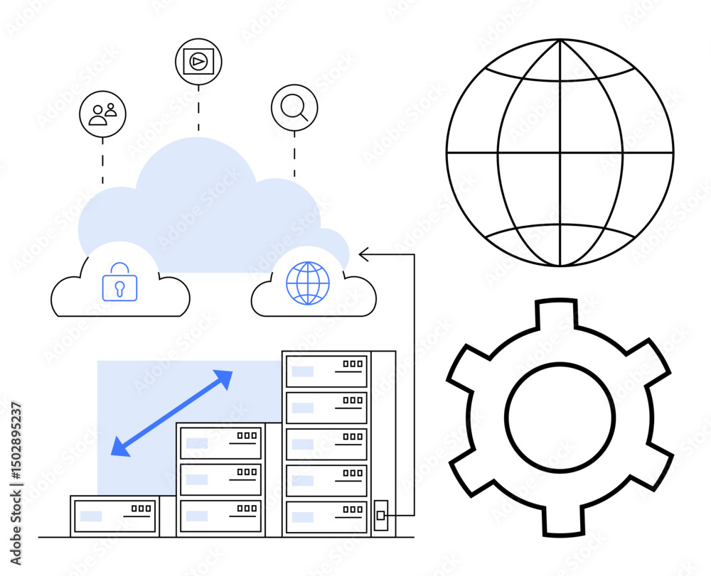 Poster data servers connected to clouds, global network, and gear for functionality and scaling. ideal for 