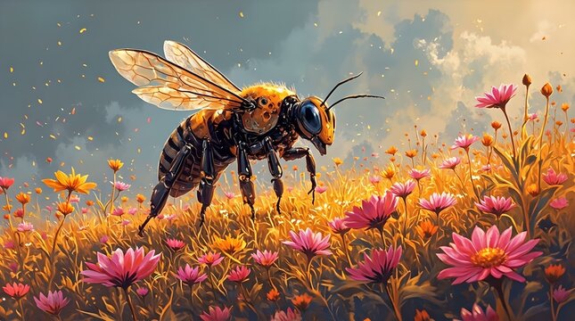 A robotic bee stands amidst a field of vibrant pink and orange flowers, with a clear sky in the background.