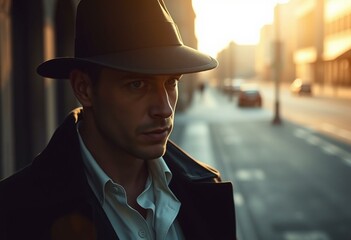Detective-style hat and coat in half-shadow street scene